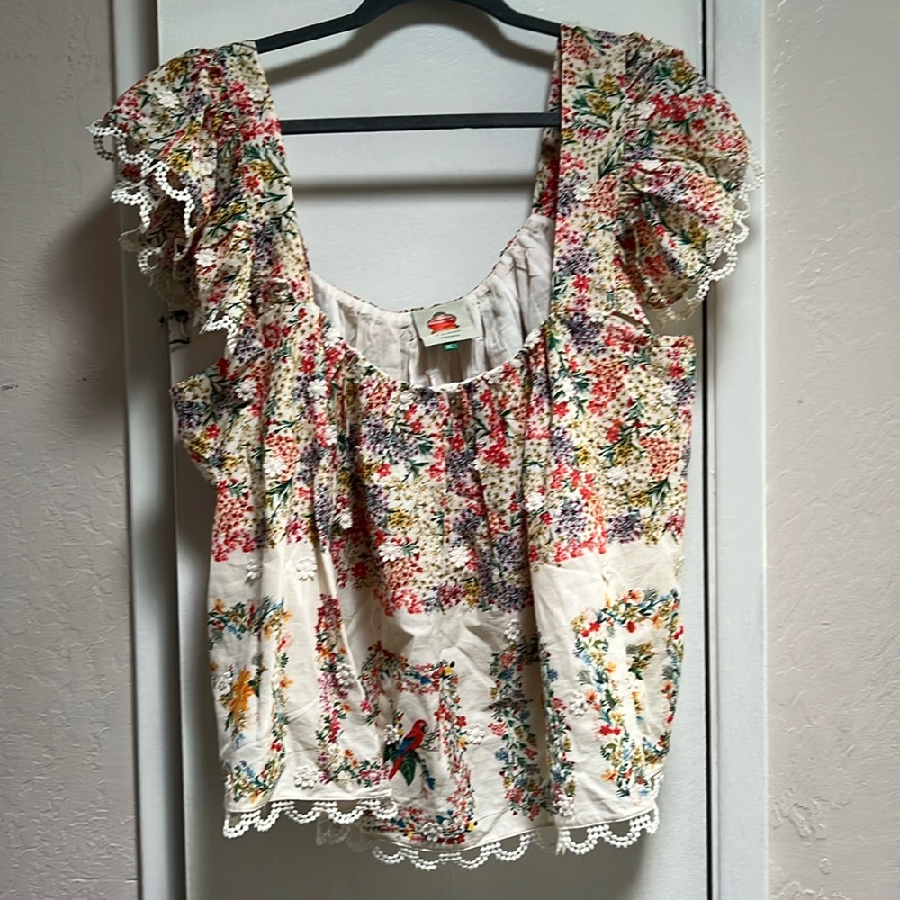 Farm Rio Embroidered Floral Toucan and Pineapples Ruffled Top